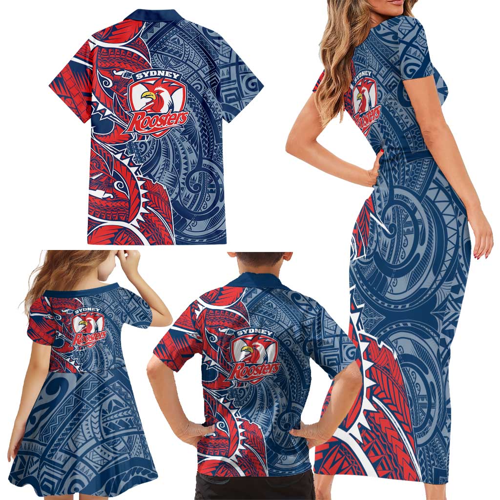 Sydney Roosters Family Matching Short Sleeve Bodycon Dress and Hawaiian Shirt Polynesian Tribal Tattoo Pacific Sport Art