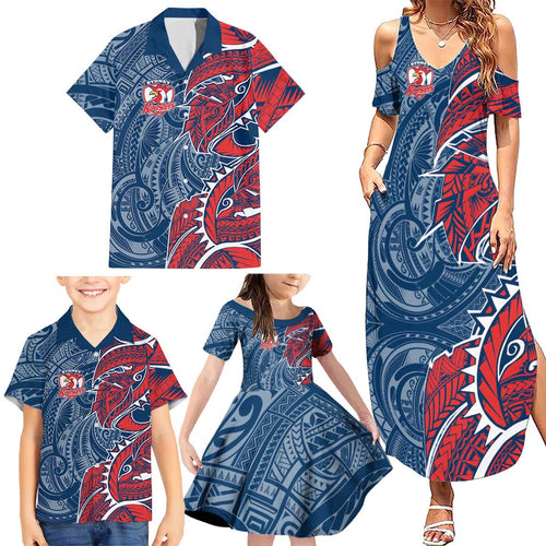 Sydney Roosters Family Matching Summer Maxi Dress and Hawaiian Shirt Polynesian Tribal Tattoo Pacific Sport Art