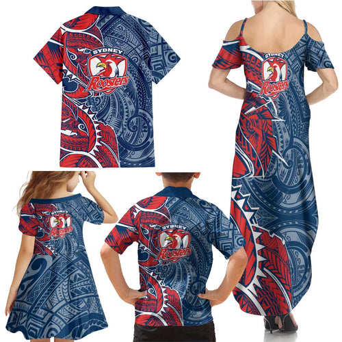 Sydney Roosters Family Matching Summer Maxi Dress and Hawaiian Shirt Polynesian Tribal Tattoo Pacific Sport Art