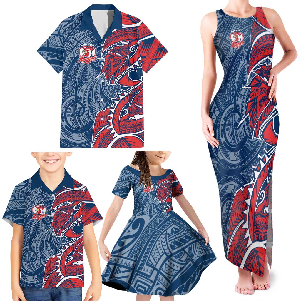 Sydney Roosters Family Matching Tank Maxi Dress and Hawaiian Shirt Polynesian Tribal Tattoo Pacific Sport Art