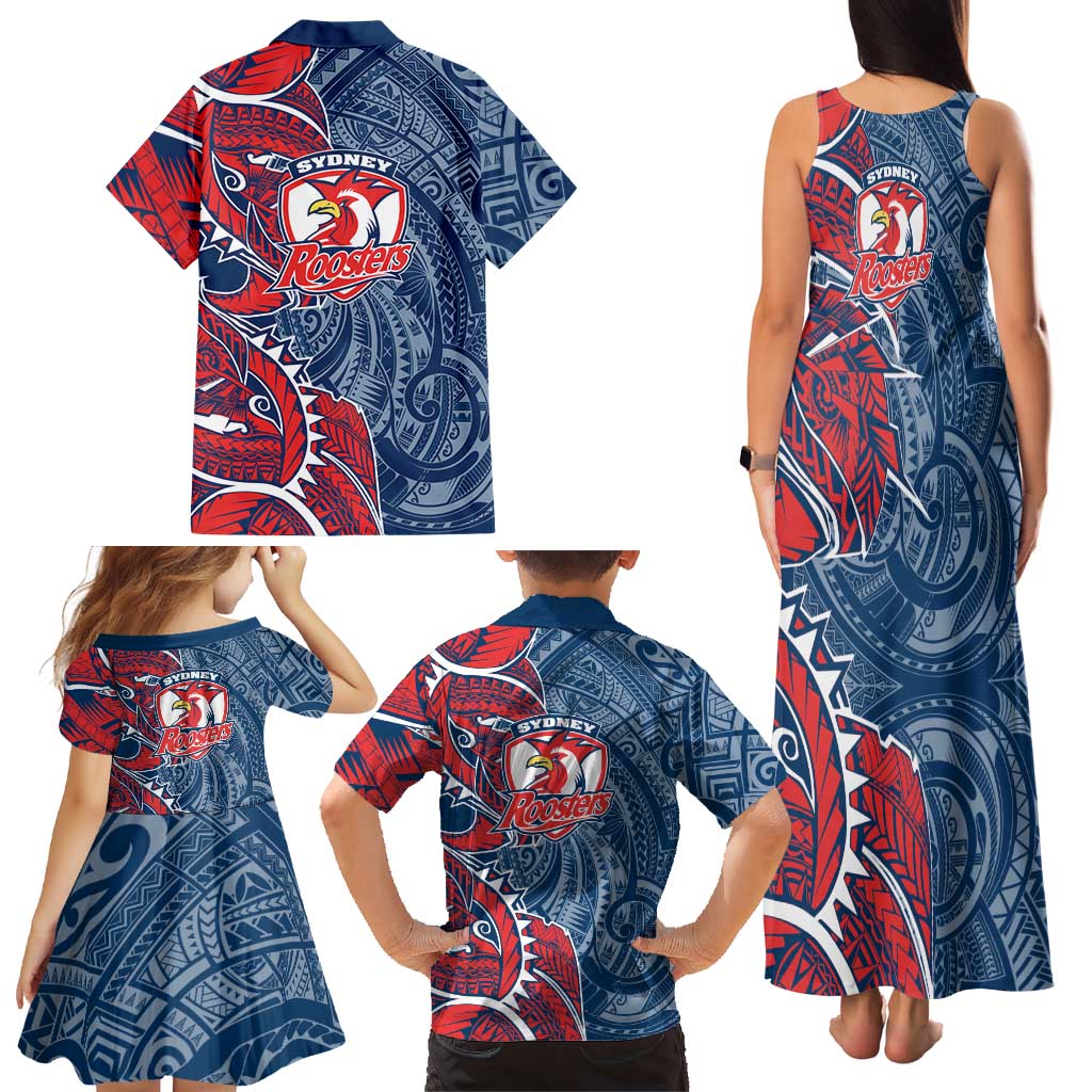 Sydney Roosters Family Matching Tank Maxi Dress and Hawaiian Shirt Polynesian Tribal Tattoo Pacific Sport Art