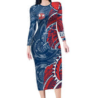 Sydney Roosters Long Sleeve Bodycon Dress Polynesian Tribal Tattoo Pacific Sport Art