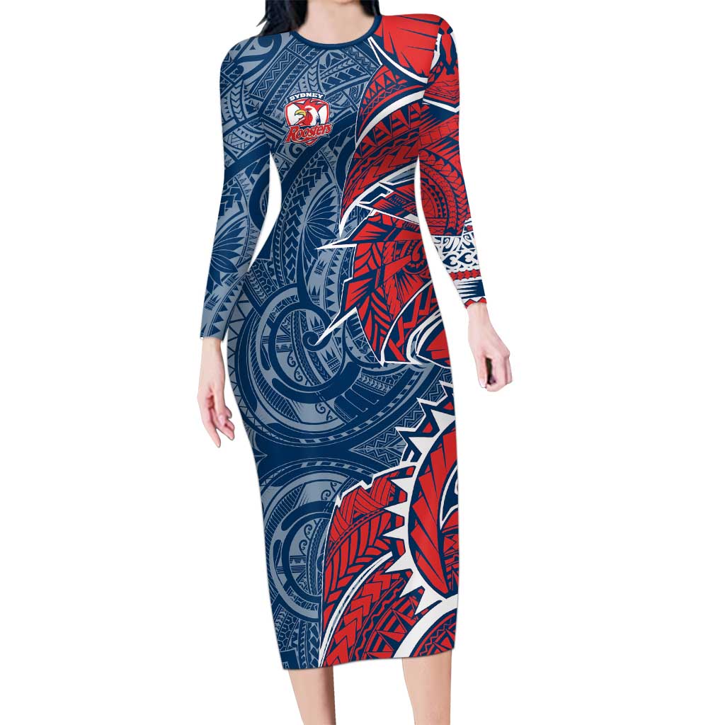 Sydney Roosters Long Sleeve Bodycon Dress Polynesian Tribal Tattoo Pacific Sport Art