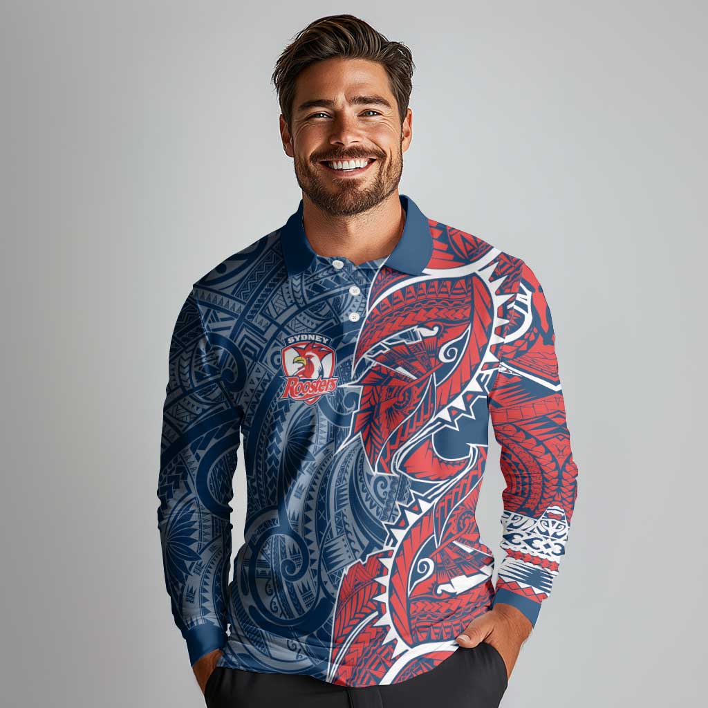 Sydney Roosters Long Sleeve Polo Shirt Polynesian Tribal Tattoo Pacific Sport Art
