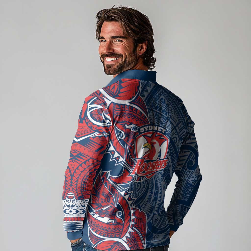 Sydney Roosters Long Sleeve Polo Shirt Polynesian Tribal Tattoo Pacific Sport Art