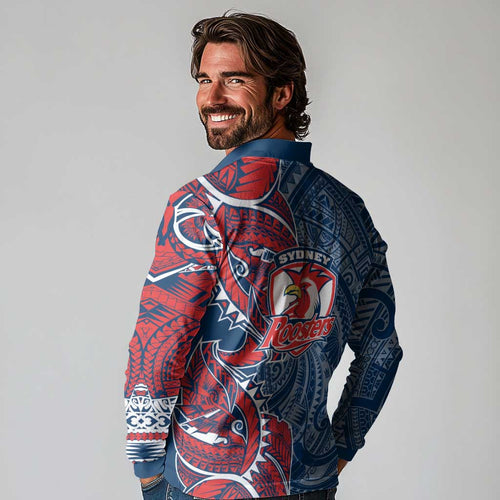 Sydney Roosters Long Sleeve Polo Shirt Polynesian Tribal Tattoo Pacific Sport Art