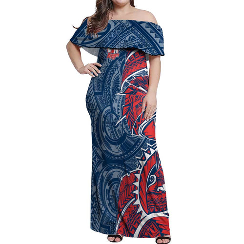 Sydney Roosters Off Shoulder Maxi Dress Polynesian Tribal Tattoo Pacific Sport Art