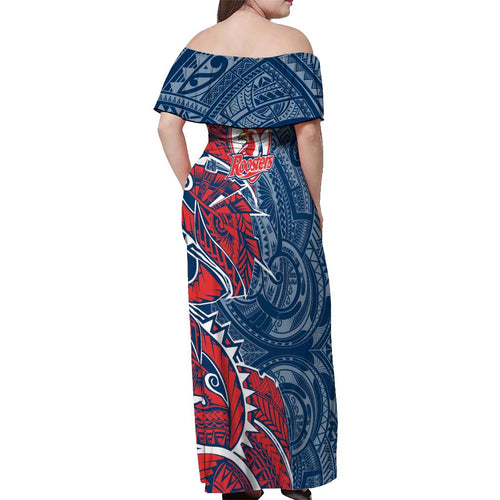 Sydney Roosters Off Shoulder Maxi Dress Polynesian Tribal Tattoo Pacific Sport Art