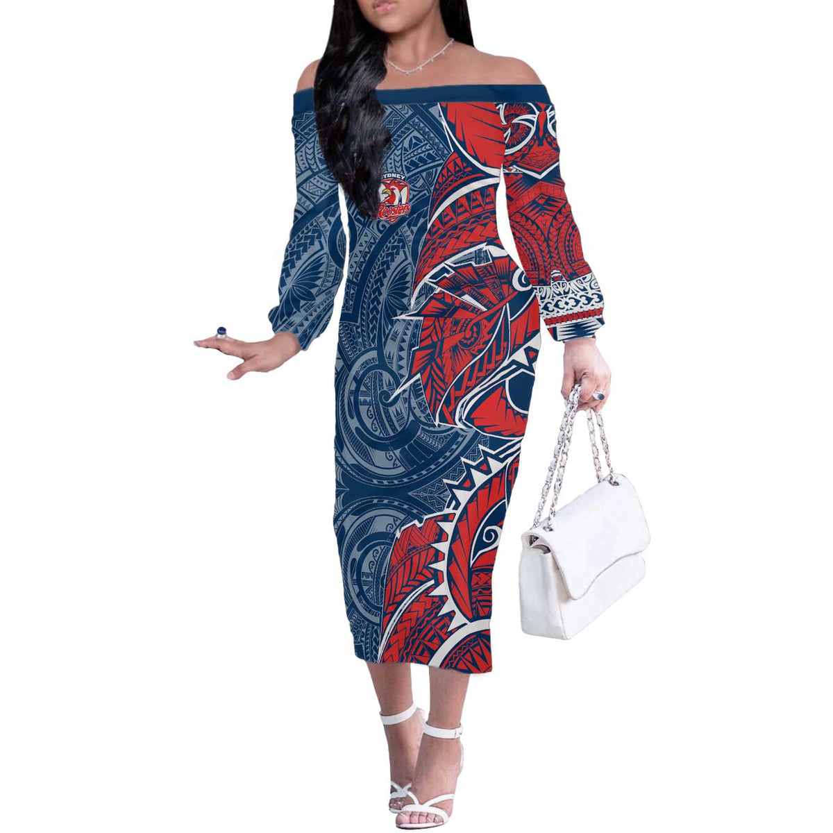 Sydney Roosters Off The Shoulder Long Sleeve Dress Polynesian Tribal Tattoo Pacific Sport Art