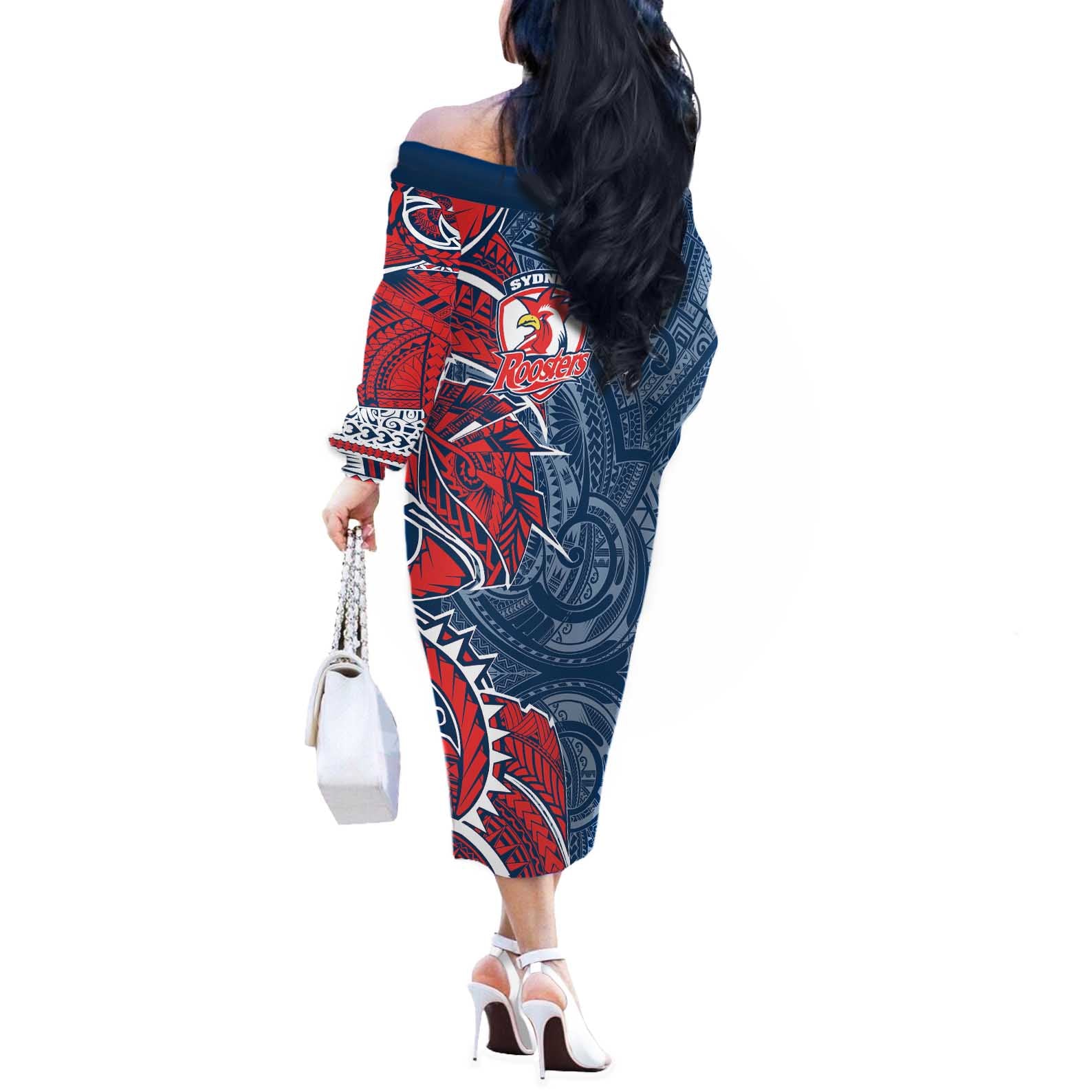 Sydney Roosters Off The Shoulder Long Sleeve Dress Polynesian Tribal Tattoo Pacific Sport Art
