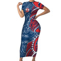 Sydney Roosters Short Sleeve Bodycon Dress Polynesian Tribal Tattoo Pacific Sport Art