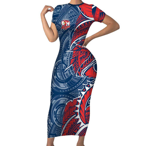 Sydney Roosters Short Sleeve Bodycon Dress Polynesian Tribal Tattoo Pacific Sport Art