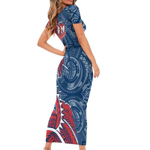 Sydney Roosters Short Sleeve Bodycon Dress Polynesian Tribal Tattoo Pacific Sport Art