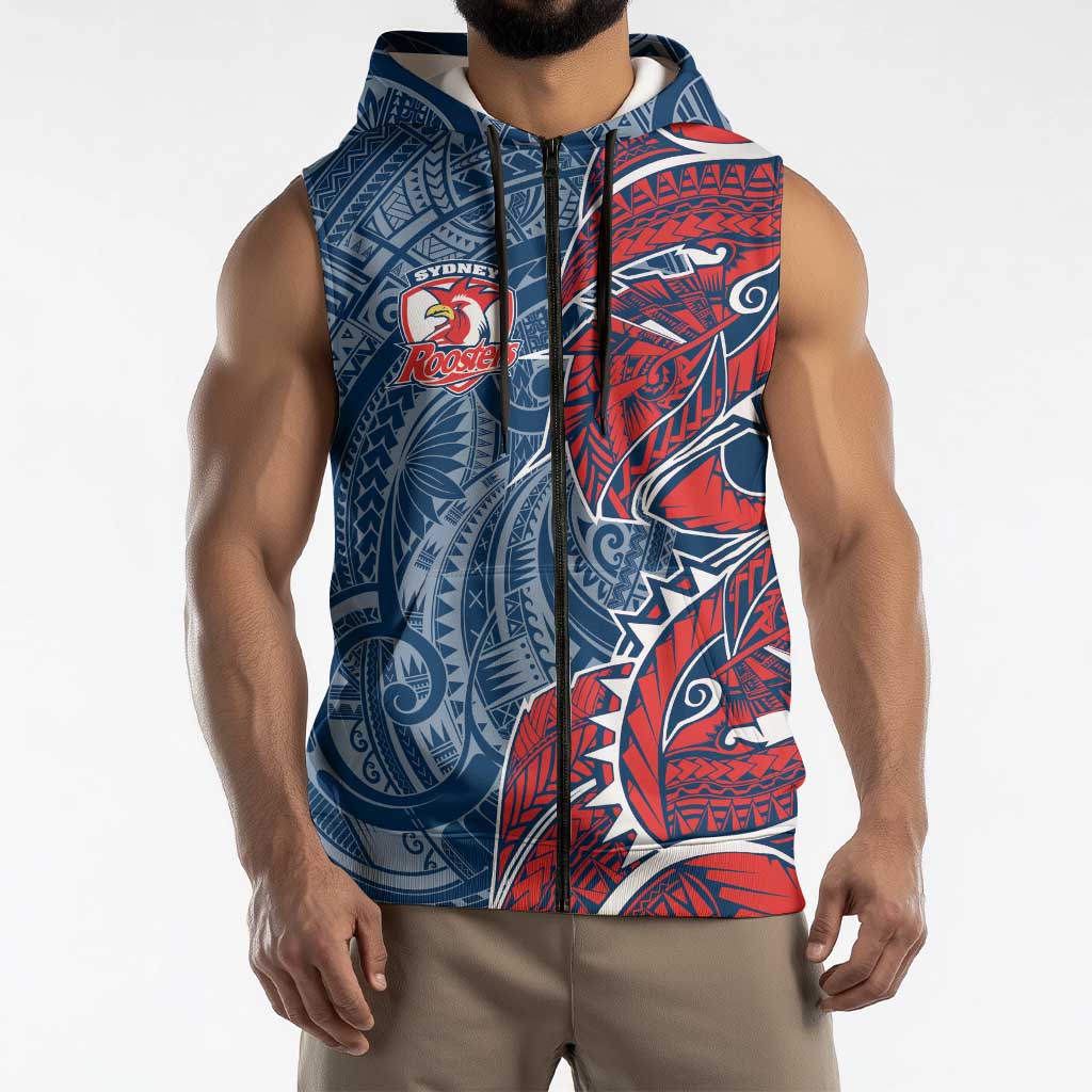 Sydney Roosters Sleeveless Zip Hoodie Polynesian Tribal Tattoo Pacific Sport Art