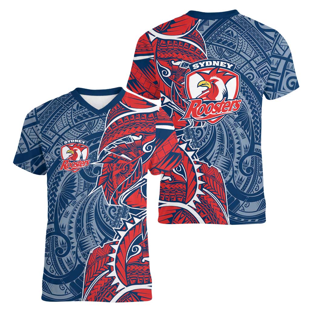 Sydney Roosters Women V-Neck T-Shirt Polynesian Tribal Tattoo Pacific Sport Art