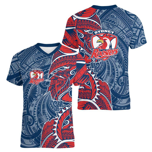 Sydney Roosters Women V-Neck T-Shirt Polynesian Tribal Tattoo Pacific Sport Art