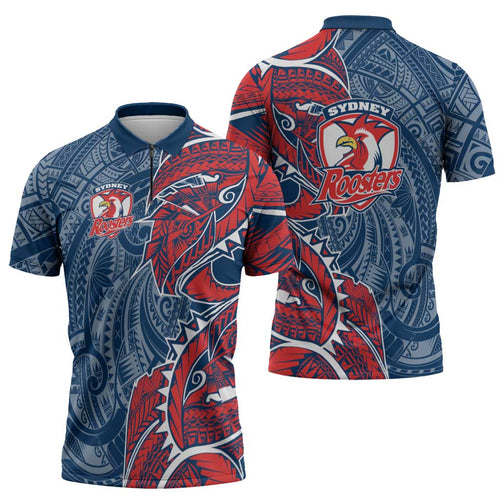 Sydney Roosters Zipper Polo Shirt Polynesian Tribal Tattoo Pacific Sport Art