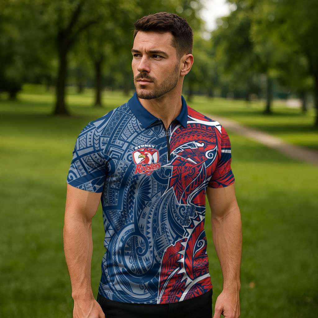 Sydney Roosters Zipper Polo Shirt Polynesian Tribal Tattoo Pacific Sport Art