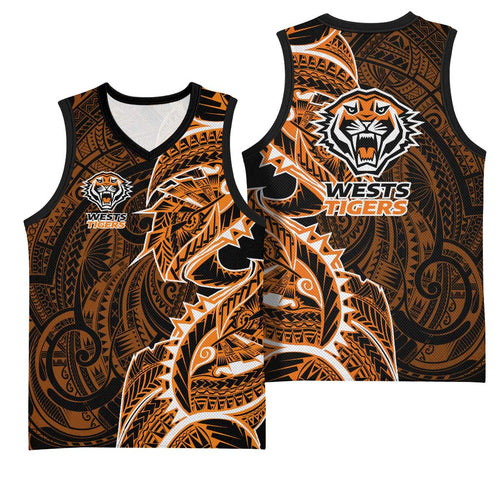 Wests Tigers Basketball Jersey Polynesian Tribal Tattoo Pacific Sport Art