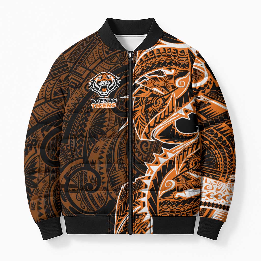 Wests Tigers Bomber Puffer Jacket Polynesian Tribal Tattoo Pacific Sport Art