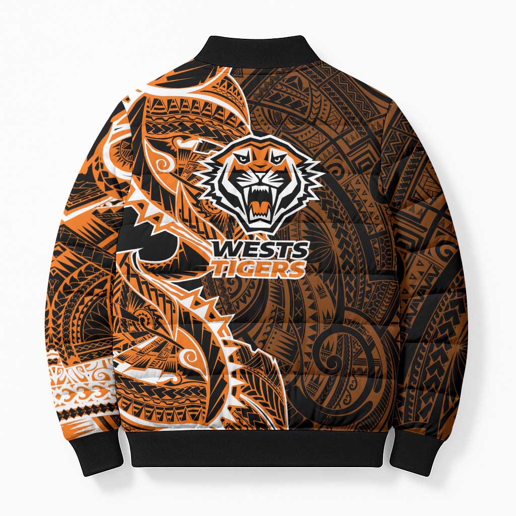 Wests Tigers Bomber Puffer Jacket Polynesian Tribal Tattoo Pacific Sport Art