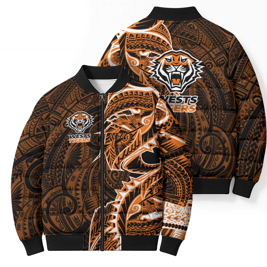Wests Tigers Bomber Puffer Jacket Polynesian Tribal Tattoo Pacific Sport Art