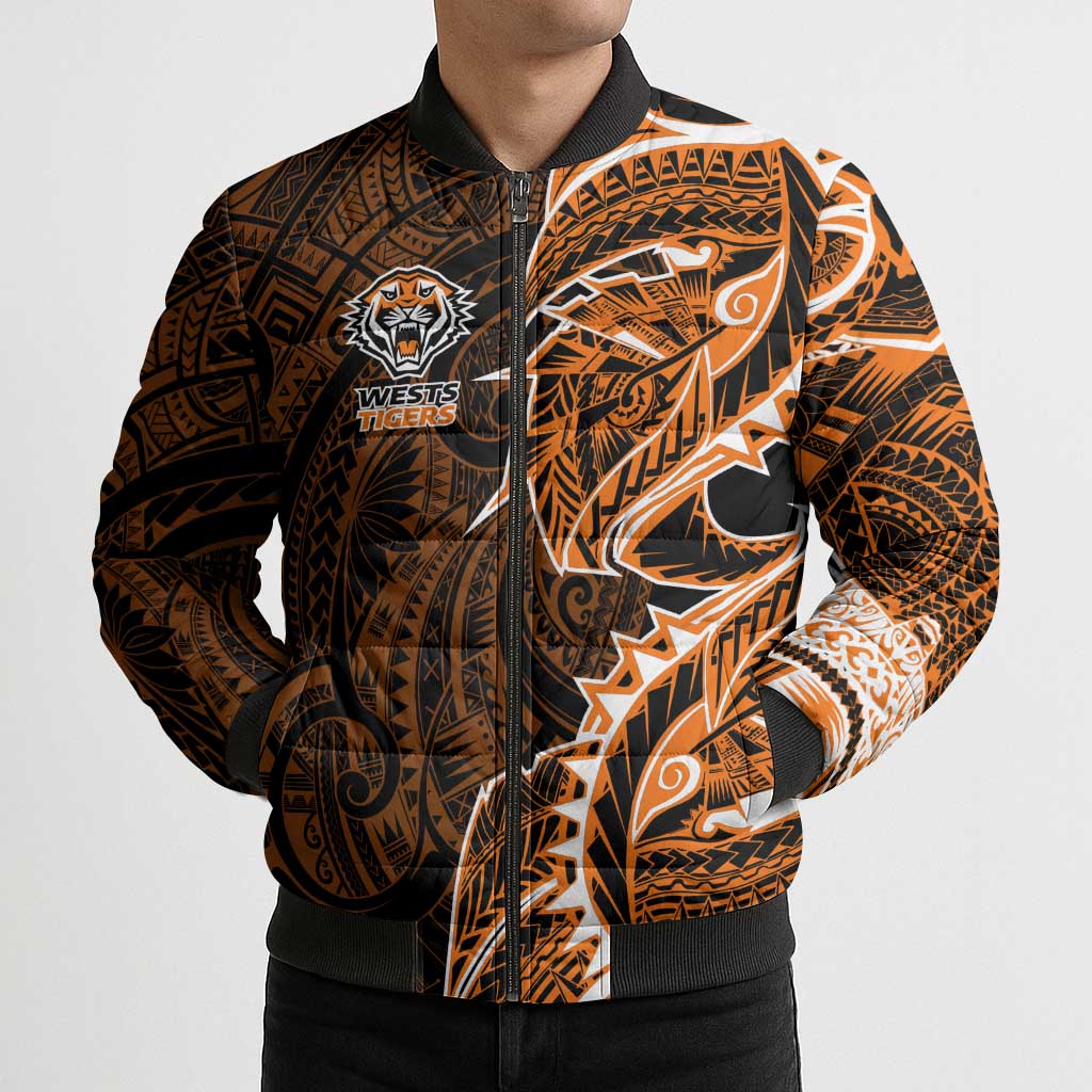 Wests Tigers Bomber Puffer Jacket Polynesian Tribal Tattoo Pacific Sport Art