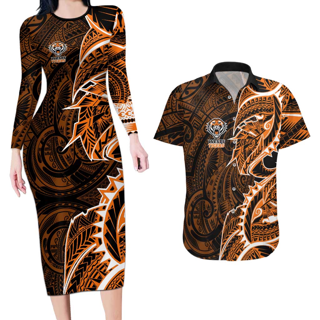 Wests Tigers Couples Matching Long Sleeve Bodycon Dress and Hawaiian Shirt Polynesian Tribal Tattoo Pacific Sport Art