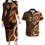 Wests Tigers Couples Matching Long Sleeve Bodycon Dress and Hawaiian Shirt Polynesian Tribal Tattoo Pacific Sport Art