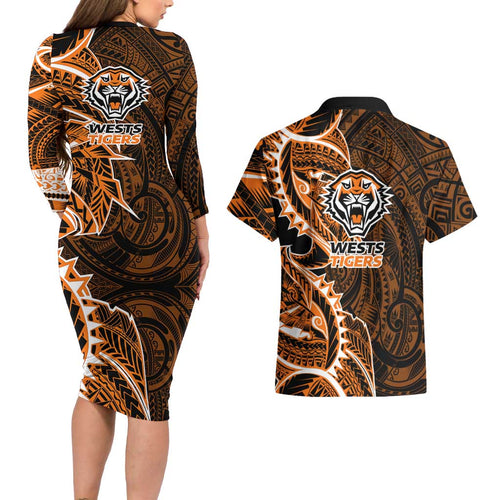 Wests Tigers Couples Matching Long Sleeve Bodycon Dress and Hawaiian Shirt Polynesian Tribal Tattoo Pacific Sport Art