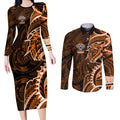 Wests Tigers Couples Matching Long Sleeve Bodycon Dress and Long Sleeve Button Shirt Polynesian Tribal Tattoo Pacific Sport Art