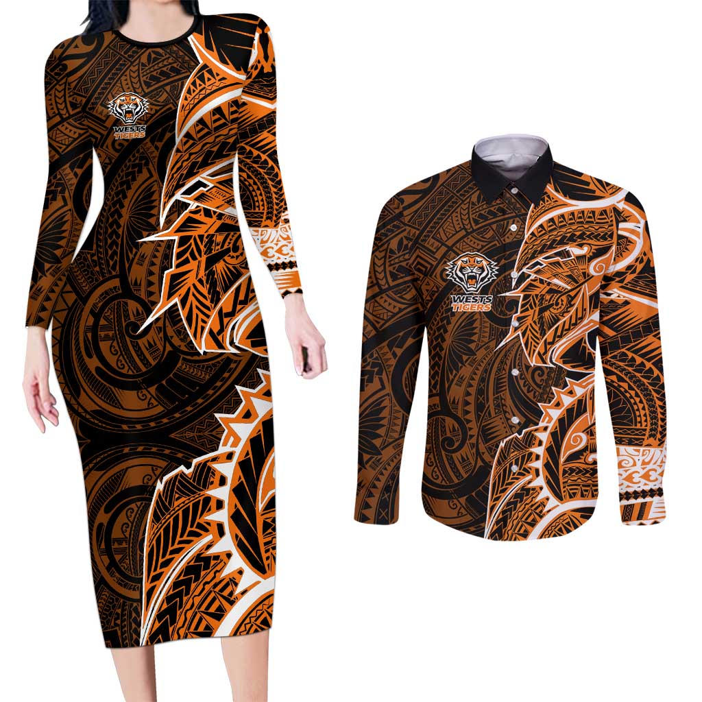 Wests Tigers Couples Matching Long Sleeve Bodycon Dress and Long Sleeve Button Shirt Polynesian Tribal Tattoo Pacific Sport Art
