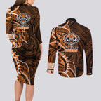 Wests Tigers Couples Matching Long Sleeve Bodycon Dress and Long Sleeve Button Shirt Polynesian Tribal Tattoo Pacific Sport Art