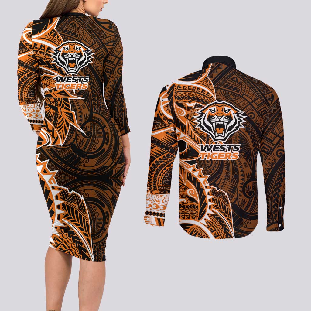 Wests Tigers Couples Matching Long Sleeve Bodycon Dress and Long Sleeve Button Shirt Polynesian Tribal Tattoo Pacific Sport Art