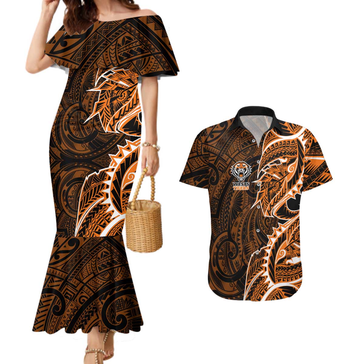 Wests Tigers Couples Matching Mermaid Dress and Hawaiian Shirt Polynesian Tribal Tattoo Pacific Sport Art