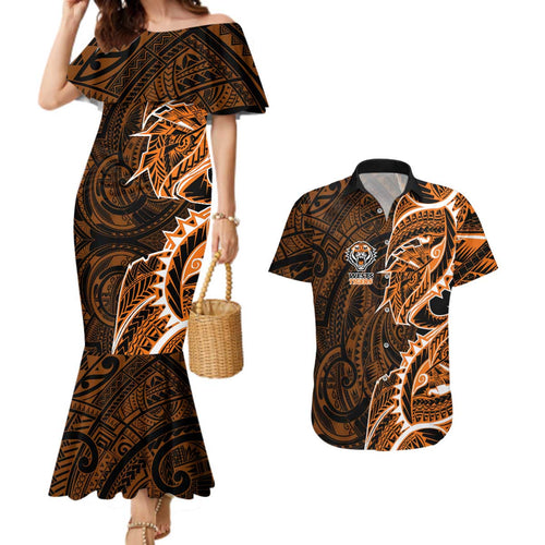 Wests Tigers Couples Matching Mermaid Dress and Hawaiian Shirt Polynesian Tribal Tattoo Pacific Sport Art