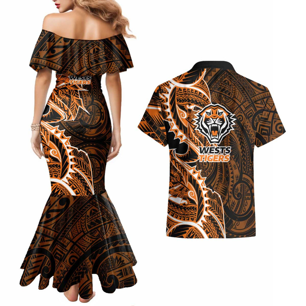 Wests Tigers Couples Matching Mermaid Dress and Hawaiian Shirt Polynesian Tribal Tattoo Pacific Sport Art