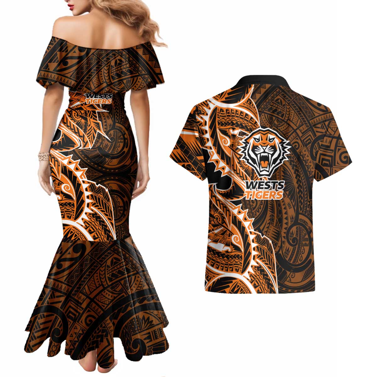 Wests Tigers Couples Matching Mermaid Dress and Hawaiian Shirt Polynesian Tribal Tattoo Pacific Sport Art