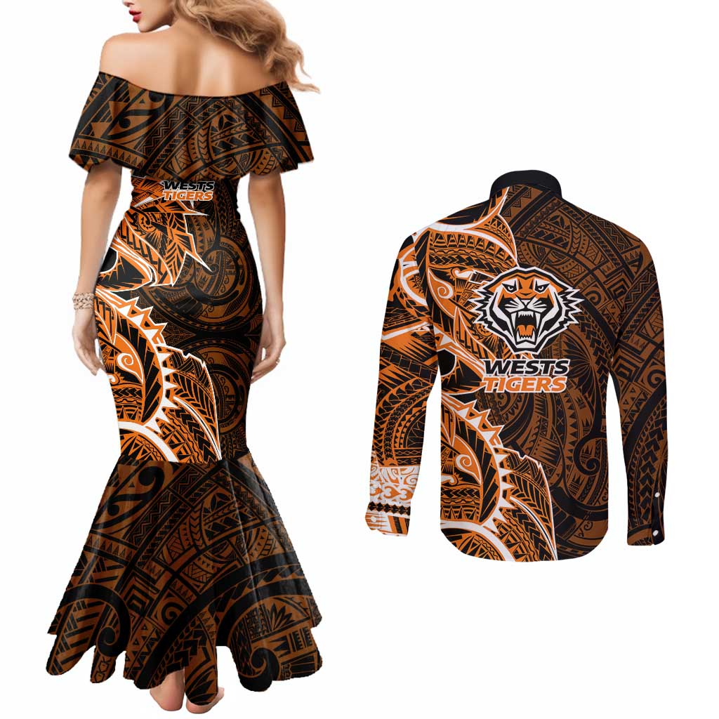 Wests Tigers Couples Matching Mermaid Dress and Long Sleeve Button Shirt Polynesian Tribal Tattoo Pacific Sport Art