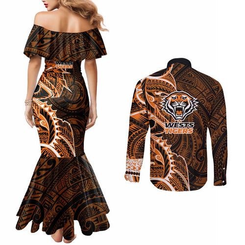 Wests Tigers Couples Matching Mermaid Dress and Long Sleeve Button Shirt Polynesian Tribal Tattoo Pacific Sport Art