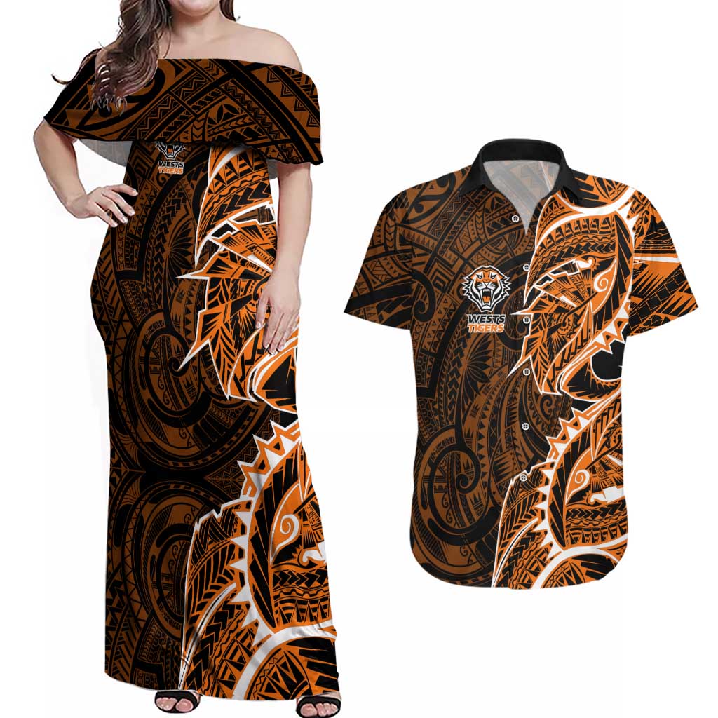 Wests Tigers Couples Matching Off Shoulder Maxi Dress and Hawaiian Shirt Polynesian Tribal Tattoo Pacific Sport Art