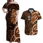 Wests Tigers Couples Matching Off Shoulder Maxi Dress and Hawaiian Shirt Polynesian Tribal Tattoo Pacific Sport Art
