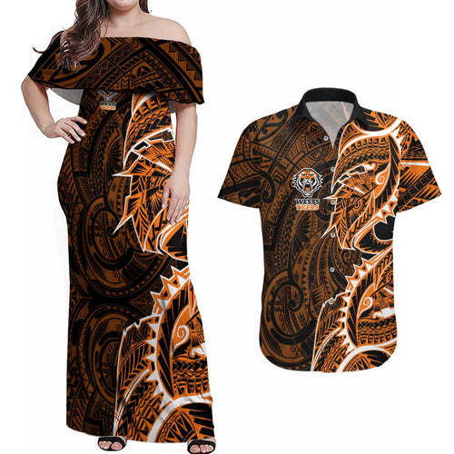 Wests Tigers Couples Matching Off Shoulder Maxi Dress and Hawaiian Shirt Polynesian Tribal Tattoo Pacific Sport Art