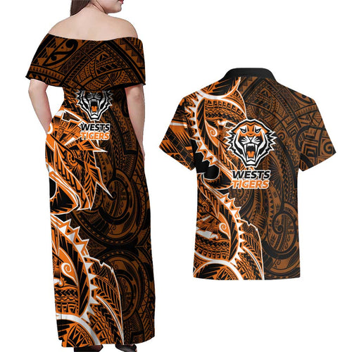 Wests Tigers Couples Matching Off Shoulder Maxi Dress and Hawaiian Shirt Polynesian Tribal Tattoo Pacific Sport Art