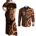 Wests Tigers Couples Matching Off Shoulder Maxi Dress and Long Sleeve Button Shirt Polynesian Tribal Tattoo Pacific Sport Art