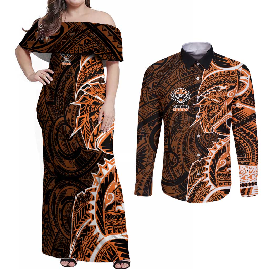 Wests Tigers Couples Matching Off Shoulder Maxi Dress and Long Sleeve Button Shirt Polynesian Tribal Tattoo Pacific Sport Art