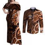 Wests Tigers Couples Matching Off Shoulder Maxi Dress and Long Sleeve Button Shirt Polynesian Tribal Tattoo Pacific Sport Art