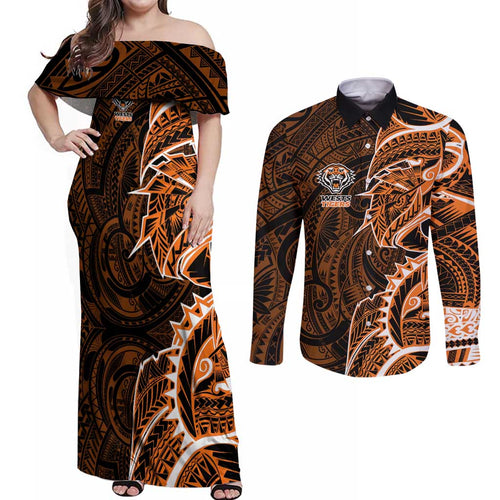 Wests Tigers Couples Matching Off Shoulder Maxi Dress and Long Sleeve Button Shirt Polynesian Tribal Tattoo Pacific Sport Art