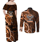 Wests Tigers Couples Matching Off Shoulder Maxi Dress and Long Sleeve Button Shirt Polynesian Tribal Tattoo Pacific Sport Art