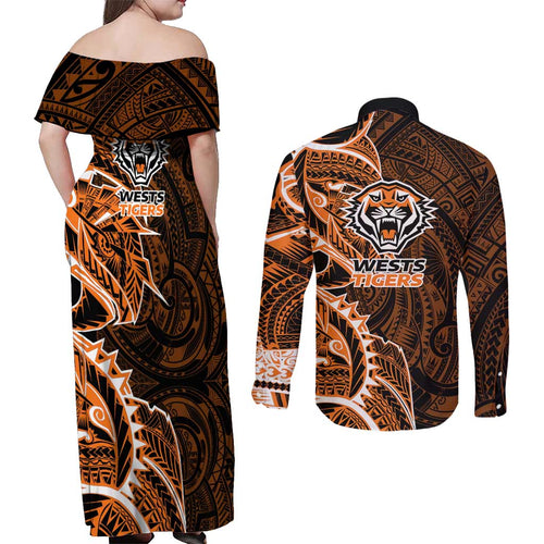 Wests Tigers Couples Matching Off Shoulder Maxi Dress and Long Sleeve Button Shirt Polynesian Tribal Tattoo Pacific Sport Art